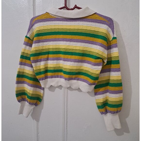 Find Me Now Womens Small sweater peterpan cropped yellow green stripe scallop - Picture 5 of 9
